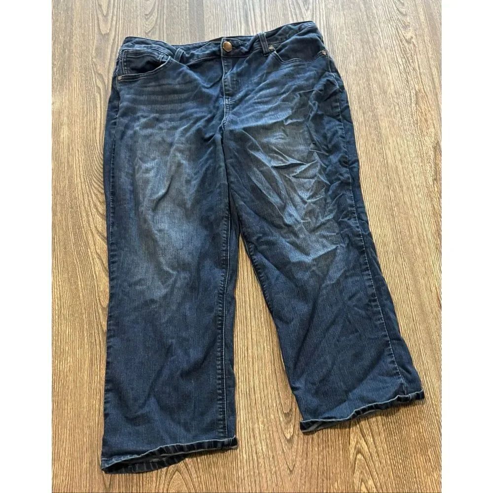 1822 Denim Womens Wide Leg Jeans Mid Rise Stretch Dark Wash Blue Size 14P/32P